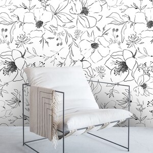 Sketch Floral Wallpaper - Botanical, Flowers, Illustration, Modern, Black and White - Peel and Stick Removable Wallpaper