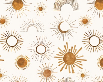 Boho Suns Fabric by the Yard. Quilting Cotton, Poplin, Organic Knit, Minky. Summer Sunshine, Watercolor, Sky