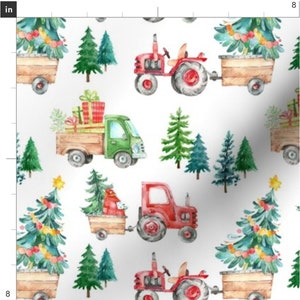 May include: Watercolor pattern featuring red tractors, green trucks, and Christmas trees on a white background. The trees are decorated with ornaments and topped with stars. The trucks and tractors are pulling wooden carts filled with gifts and trees.