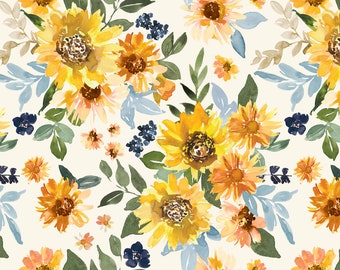 Golden Sunflowers Fabric by the Yard. Quilting Cotton, Knit, Jersey, Minky. Sunflower Fabric, Watercolor Floral, Fall Florals