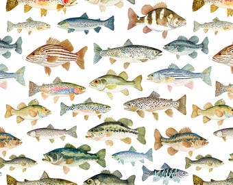 Watercolor Fish Fabric by the Yard (Quilting Cotton, Sateen, Jersey Knit, Minky, Twill) - Fishing, Bass, Trout