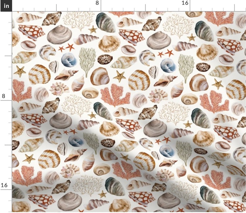 May include: A repeating pattern of seashells, starfish, and coral in shades of brown, beige, and rust on a white background. The design features various shell shapes and sizes, creating a coastal or nautical theme.