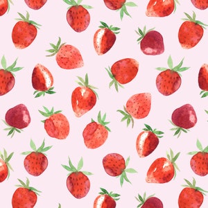 Red Strawberries Fabric by the Yard. Quilting Cotton, Organic Knit, Jersey or Minky. Strawberry, Fruit, Summer, Watercolor, Berry, Pink