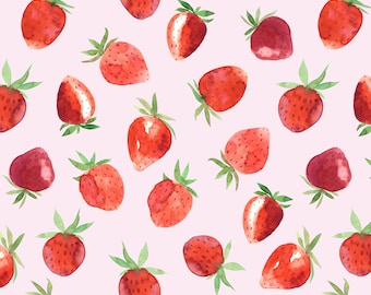 Red Strawberries Fabric by the Yard. Quilting Cotton, Organic Knit, Jersey or Minky. Strawberry, Fruit, Summer, Watercolor, Berry, Pink