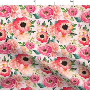 Coral Floral Fabric by the Yard. Quilting Cotton, Organic Knit, Jersey or Minky. Girl Nursery Fabric, Pink, Orange, Boho, Watercolor Florals image 3