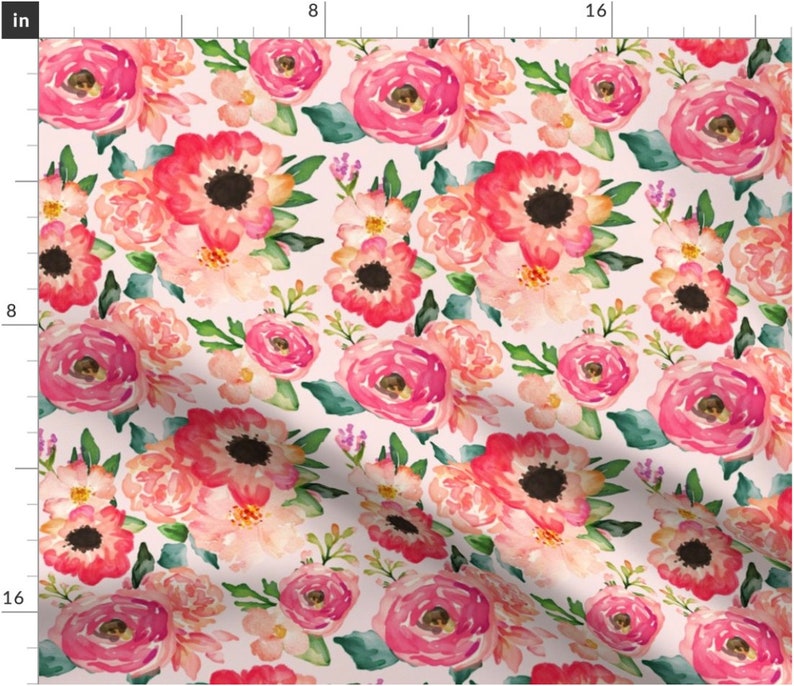 Coral Floral Fabric by the Yard. Quilting Cotton, Organic Knit, Jersey or Minky. Girl Nursery Fabric, Pink, Orange, Boho, Watercolor Florals image 3