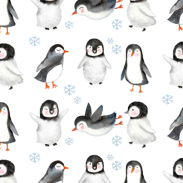 Winter Penguins Fabric - Watercolor Penguin, Bird, Snow, Christmas - Quilting Cotton, Knit, Cotton Spandex, Minky, Fleece Fabric by the Yard