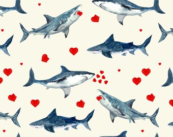 Valentine Shark Fabric - Love at First Bite, Watercolor Sharks, Boy Valentines Day, Heart -  Cotton, Organic Knit, Minky Fabric by the Yard