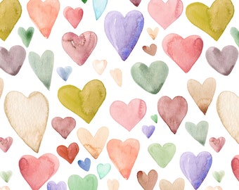 Earth Tone Hearts Fabric - Watercolor Heart, Love, Cute, Girl Nursery - Quilting Cotton, Organic Knit, Jersey or Minky Fabric by the Yard