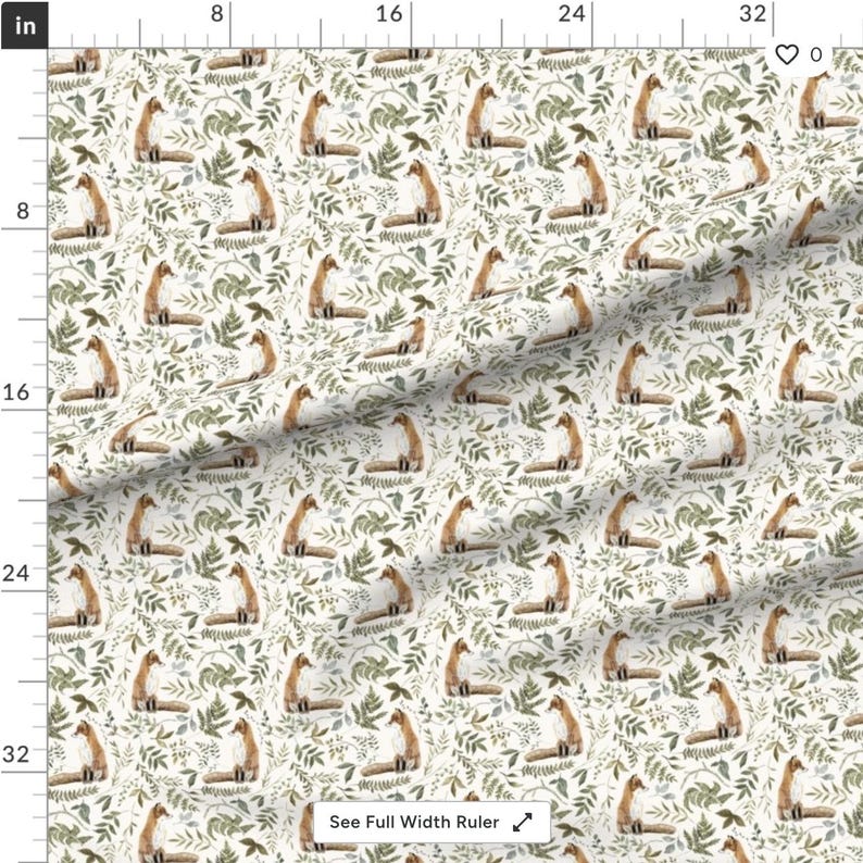 May include: Fabric with a repeating pattern of watercolor foxes and green foliage on an off-white background. The foxes are depicted in a seated position, with their tails curled. The leaves and ferns add a natural, woodland theme.