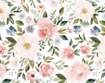Tela floral primaveral Sweet Blooms, algodón acolchado, satén, minky, vellón, flores de color verde ruborizado
