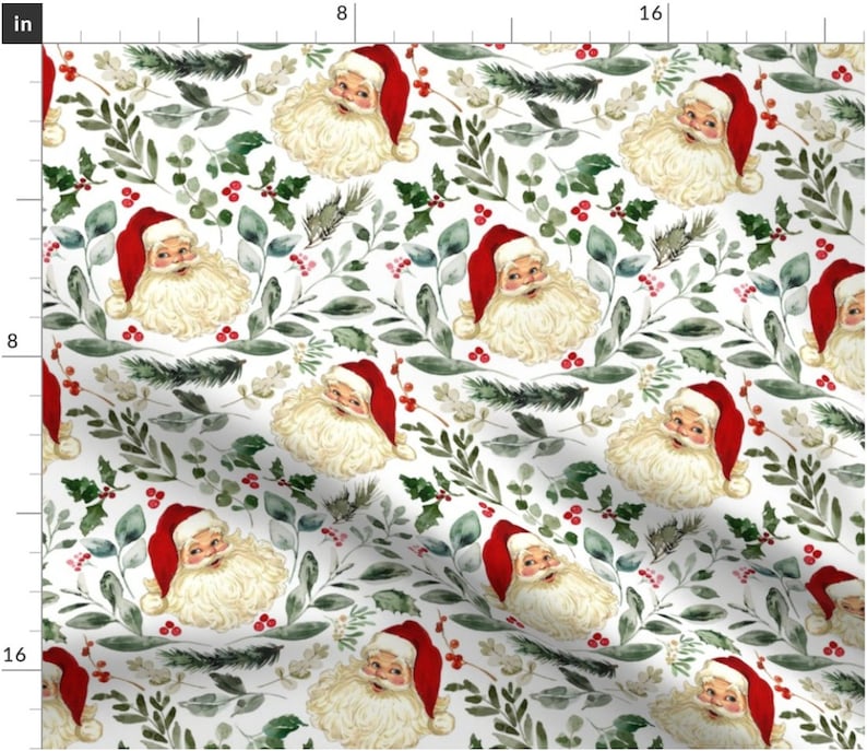 May include: A white background with a repeating pattern of Santa Claus heads wearing red hats and white beards. The pattern is surrounded by green and white foliage, red berries, and white flowers.