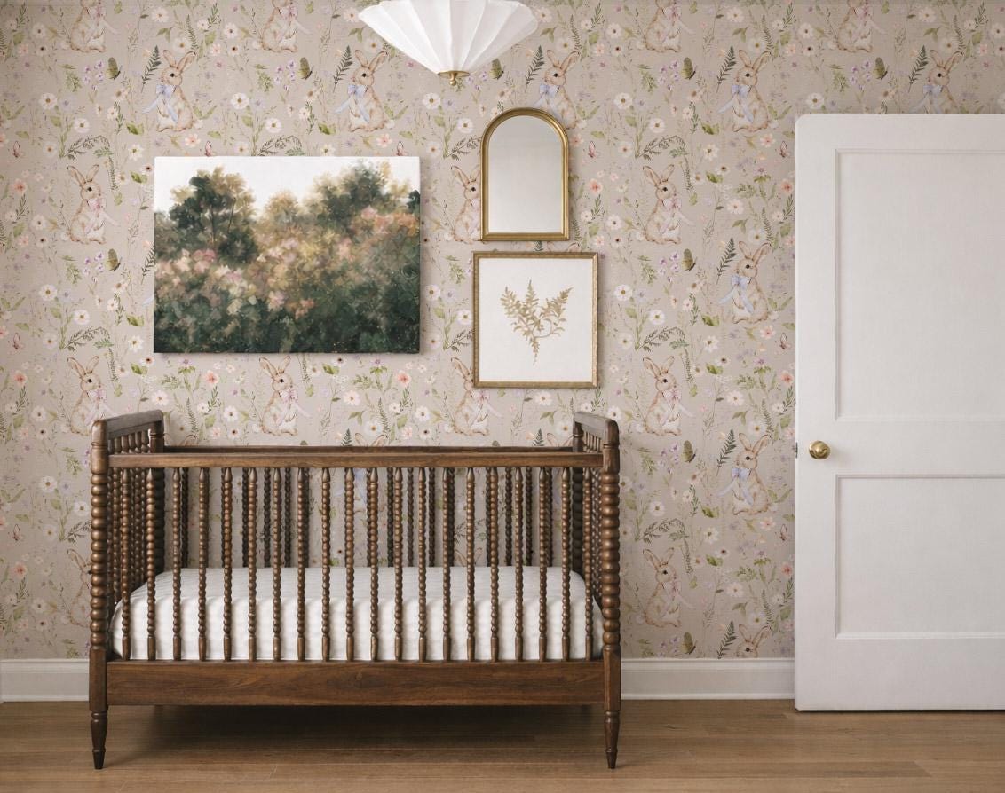 Bunny and Bloom Wallpaper, Cottagecore Wildflowers and Bunnies - Peel ...