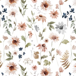 Sunflower Meadow Fabric - Girl Nursery Watercolor Florals, Sunflowers. Quilting Cotton, Poplin, Knit, Minky, Home Decor Fabric by the Yard