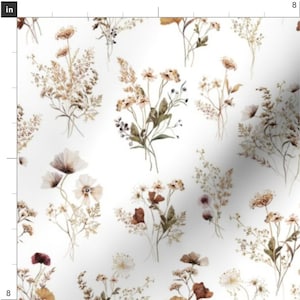 May include: A seamless pattern featuring watercolor illustrations of various flowers and foliage in shades of brown, beige, and white on a white background.
