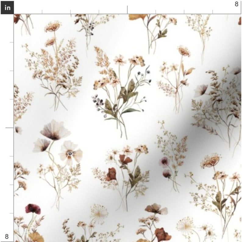 May include: A seamless pattern featuring watercolor illustrations of various flowers and foliage in shades of brown, beige, and white on a white background.