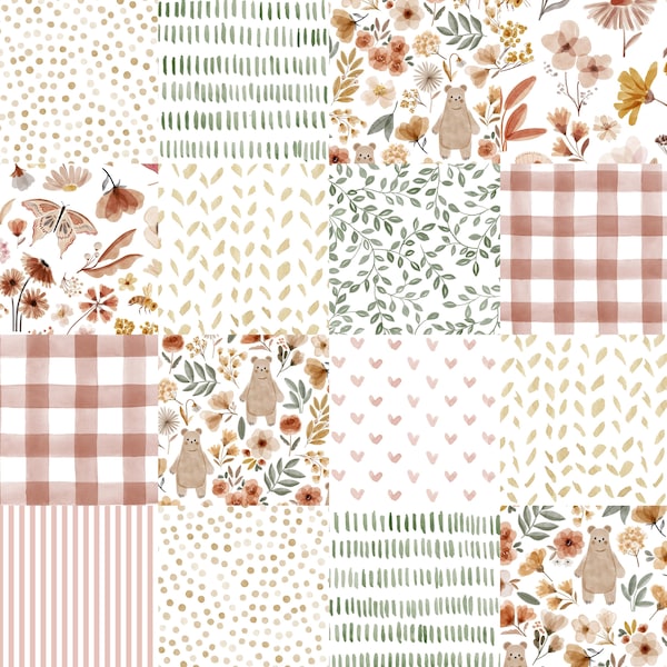 Honey Bears Cheater Quilt Fabric by the Yard. Dusty Pink and Sage, Woodland, Cottagecore, Girl Nursery. Quilting Cotton, Minky, Fleece.