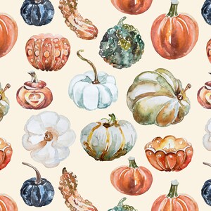 Thanksgiving Pumpkin Fabric - Watercolor Pumpkins Autumn, Farmhouse - Cotton, Poplin, Knit, Home Decor Fabric by the Yard