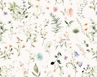 May include: Watercolor floral pattern featuring a variety of flowers and foliage in shades of pink, orange, blue, and green. The design includes delicate blooms, leaves, and vines on a cream background, creating a botanical theme.