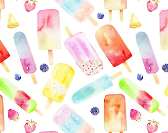 Watercolor Popsicles Fabric by the Yard. Quilting Cotton, Organic Knit, Jersey or Minky. Summer, Beach, Ice Cream Fabric, Fruit, Food