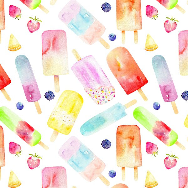 Watercolor Popsicles Fabric by the Yard. Quilting Cotton, Organic Knit, Jersey or Minky. Summer, Beach, Ice Cream Fabric, Fruit, Food