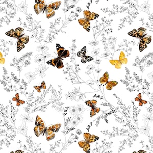 Butterfly Floral Fabric - Watercolor Monarch Butterflies Botanical Garden - Cotton, Minky, Fleece, Home Decor, Upholstery Fabric by the Yard