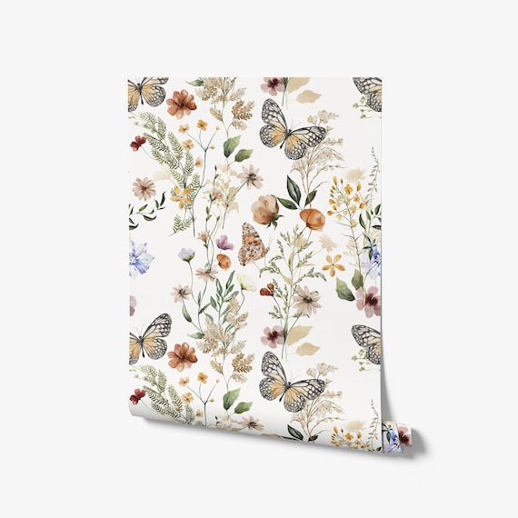 Meadowscape Butterfly and Floral Wallpaper - Wildflower Florals Watercolor - Peel and Stick Removable and Prepasted Wallpaper