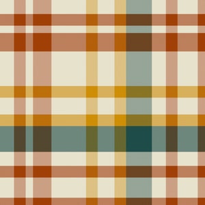 Vintage Fall Plaid Fabric - Rusty Orange, Golden Yellow and Teal, Autumn, Home Decor - Cotton, Fleece, Twill, Canvas Fabric by the Yard