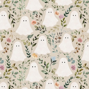 May include: A repeating pattern featuring white ghosts with black dot eyes, interspersed with watercolor floral and foliage elements in shades of green, pink, and yellow, set against a beige background. The design has a whimsical, Halloween-themed aesthetic.