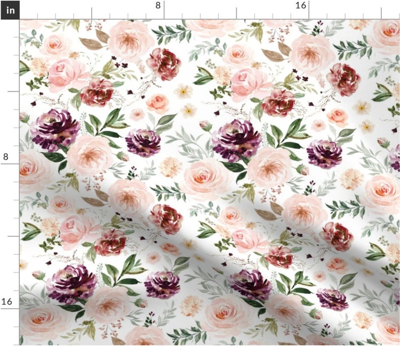 May include: A seamless pattern featuring a watercolor floral design with pink, burgundy, and purple flowers on a white background.