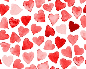 May include: A seamless pattern of red and pink watercolor hearts. The hearts are various sizes and shapes, creating a romantic and whimsical design.