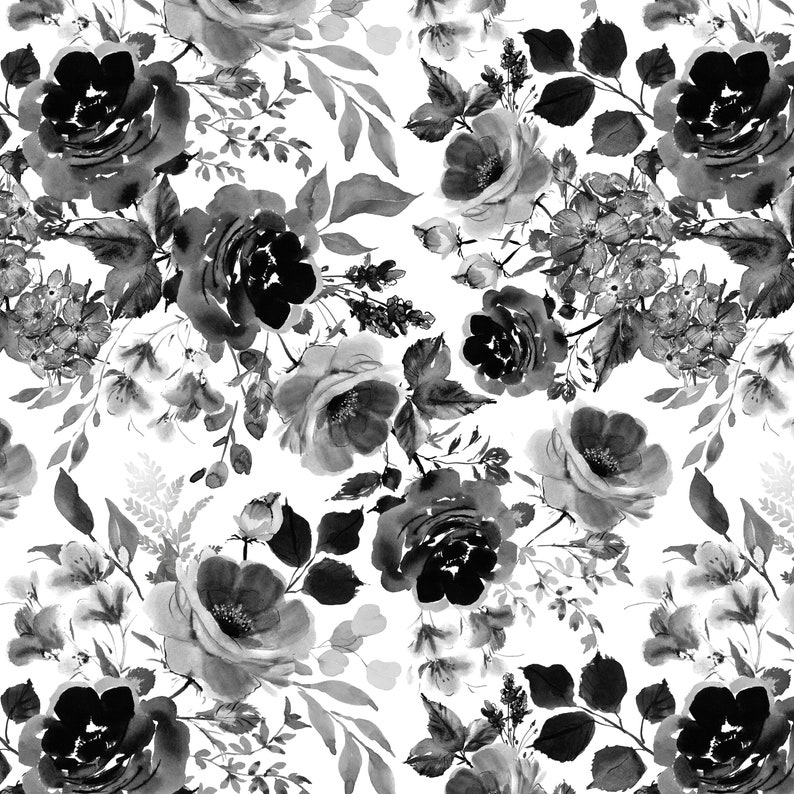 May include: Black and white watercolor floral pattern featuring roses and leaves. The pattern is seamless and can be used for various design projects.
