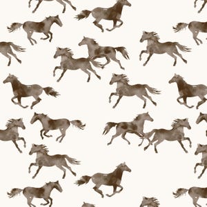 Western Horse Fabric, Watercolor Horses Brown, Cowboy, Wild Mustangs, Quilting Cotton, Sateen, Minky, Fleece, Home Decor Fabric by the Yard