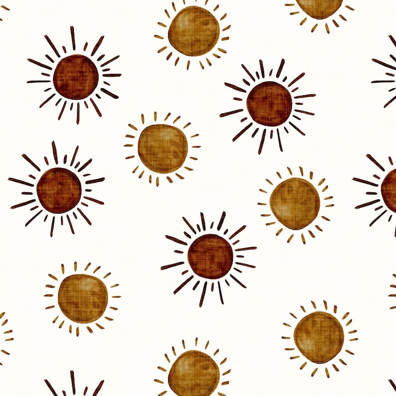May include: A seamless pattern featuring brown and gold suns with a textured linen look. The suns have a simple, hand-drawn style with radiating lines.