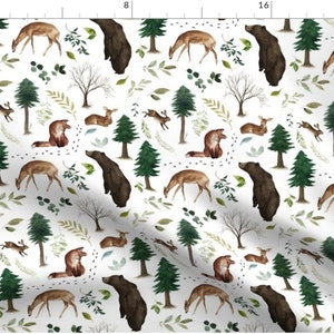 May include: A seamless pattern featuring watercolor illustrations of woodland animals, including deer, foxes, and bears, set against a backdrop of green trees and foliage.