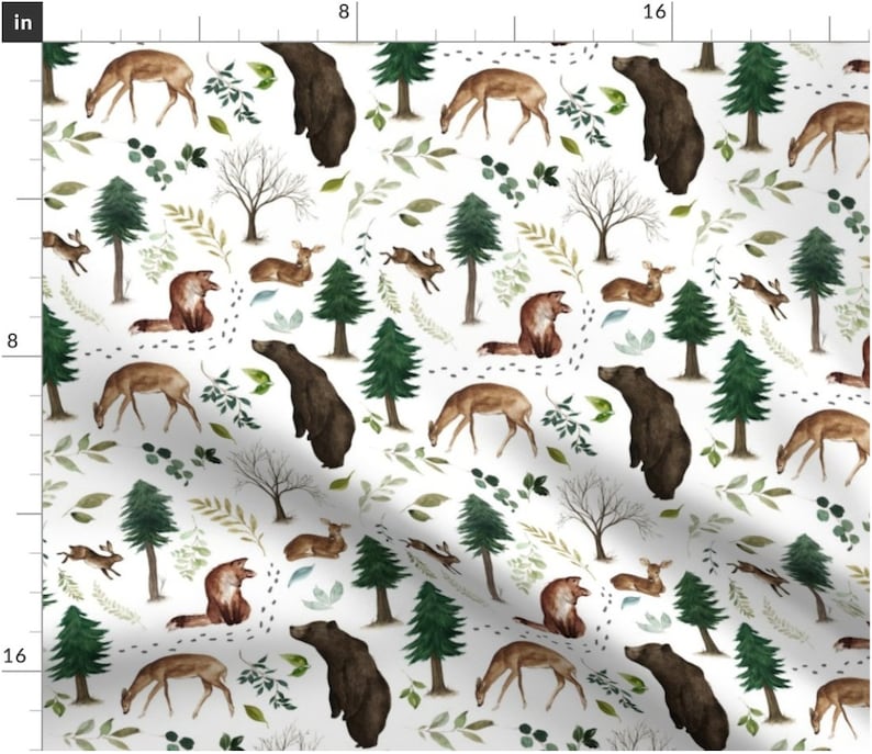 May include: A seamless pattern featuring watercolor illustrations of woodland animals, including deer, foxes, and bears, set against a backdrop of green trees and foliage.