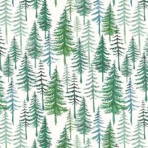 May include: A seamless pattern featuring watercolor illustrations of green pine trees of varying sizes on a white background.