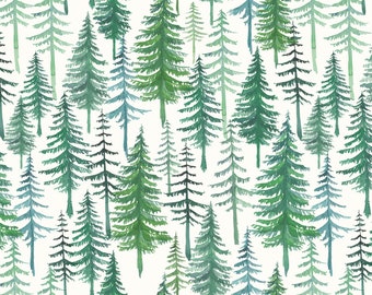 May include: A seamless pattern featuring watercolor illustrations of green pine trees of varying sizes on a white background.