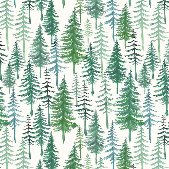 Evergreen Trees Fabric - Watercolor Woodland Pine, Forest, Woods - Quilting Cotton, Minky, Fleece, Home Decor Fabric by the Yard