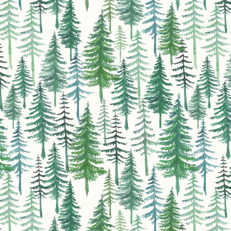 May include: A seamless pattern featuring watercolor illustrations of green pine trees of varying sizes on a white background.