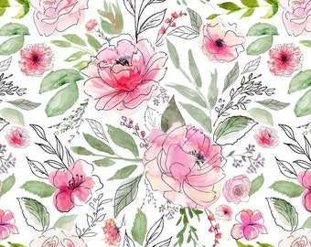 Wild Flower Fields Fabric - Pink Watercolor Floral and Greenery, Botanical - Quilting Cotton, Poplin, Minky, Upholstery Fabric by the Yard