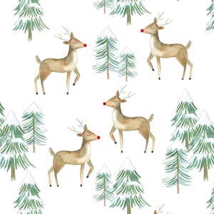 Reindeer Fabric - Watercolor Reindeers, North Pole, Santa, Christmas Fabric, Xmas - Cotton, Cotton Knit, Minky, Fleece Fabric by the Yard