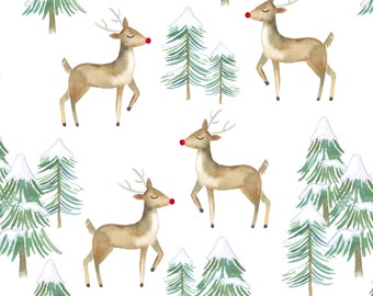 Reindeer Fabric - Watercolor Reindeers, North Pole, Santa, Christmas Fabric, Xmas - Cotton, Cotton Knit, Minky, Fleece Fabric by the Yard