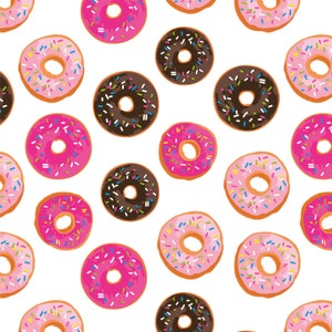 Pink and Chocolate Iced Donuts Fabric - Birthday Donut, Sprinkles, Food - Quilting Cotton, Sateen, Poplin, Minky, Knit Fabric by the Yard