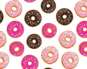 Pink and Chocolate Iced Donuts Fabric - Birthday Donut, Sprinkles, Food - Quilting Cotton, Sateen, Poplin, Minky, Knit Fabric by the Yard