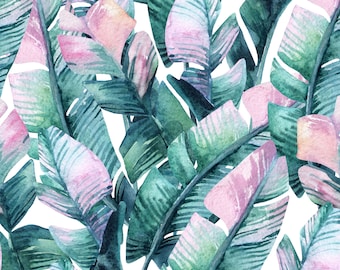 Tropical Banana Leaves Fabric by the Yard. Watercolor Botanical Summer Leaves - Quilt Cotton, Sateen, Poplin, Home Decor, Upholstery Fabric