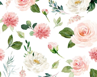 May include: A seamless pattern featuring watercolor illustrations of pink and white flowers with green leaves on a white background.
