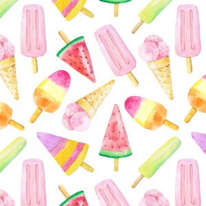 Fruit Ice Cream Fabric by the Yard. Quilt Cotton, Sateen, Poplin, Organic Knit, Jersey, Minky. Dessert, Popsicles, Children's Fabric, Summer