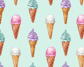 Vintage Ice Cream Cones Fabric by the Yard. Birthday, Dessert, Treats, Fun, Summer, Popsicle Kids. Quilting Cotton, Sateen, Poplin, Knit