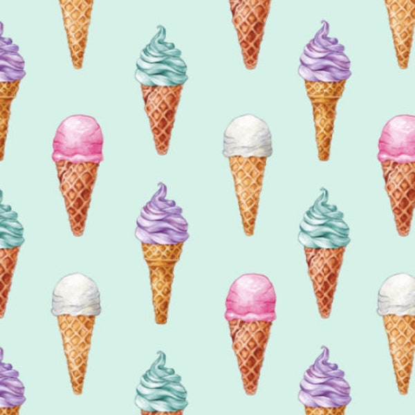 Vintage Ice Cream Cones Fabric by the Yard. Birthday, Dessert, Treats, Fun, Summer, Popsicle Kids. Quilting Cotton, Sateen, Poplin, Knit